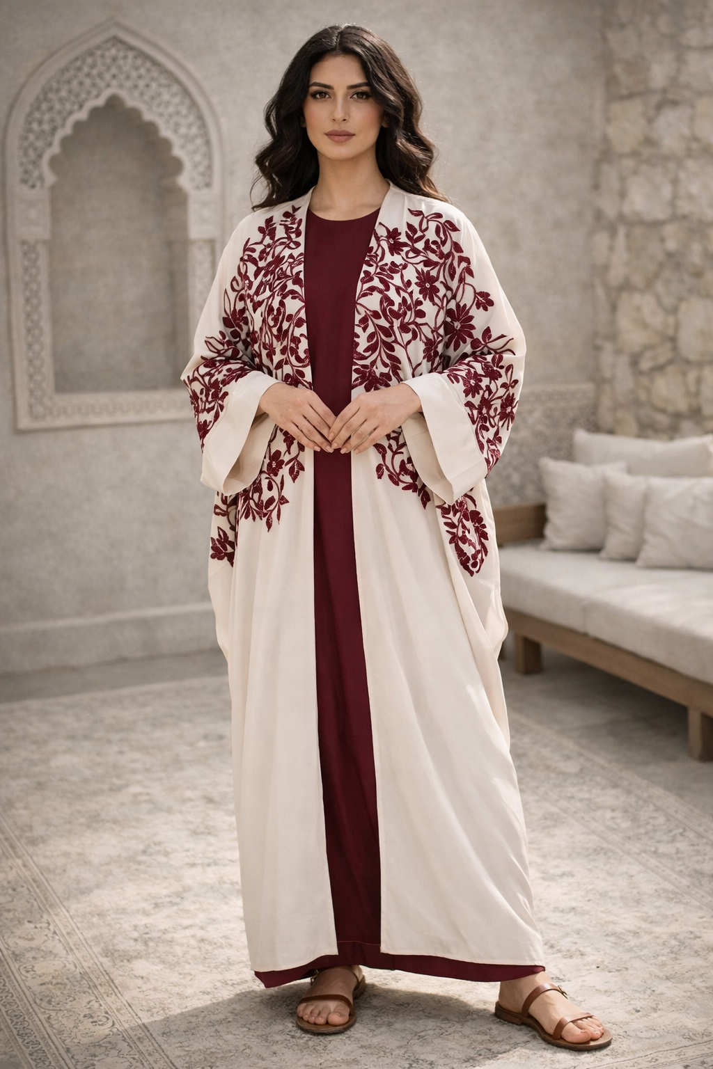 Nouriya Abaya Set – Cream & Burgundy Embellished